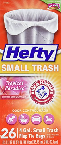 Hefty Small Trash Bags 4 Gallon - Odor Control, Tropical Paradise, Flap Tie, 26 Count