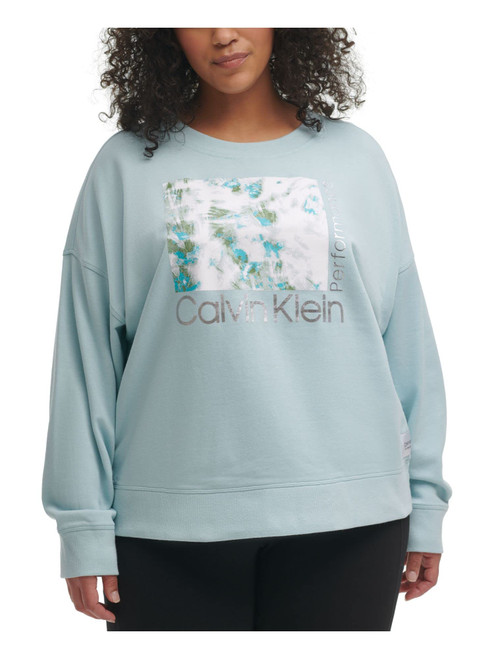 CALVIN KLEIN PERFORMANCE Womens Light Blue Stretch Ribbed Pullover Relaxed-fit Logo Graphic Long Sleeve Crew Neck Sweatshirt Plus 2X (PF1X3971)