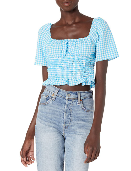 BCBGeneration Women's Square Neck Smock Top, Blue Combo, Medium