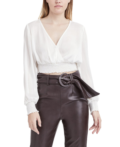 BCBGeneration Women's Long Sleeve Wrap Style Crop Top, Ivory, Large