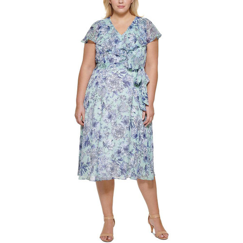 Tommy Hilfiger Womens Plus Chiffon Floral Fit & Flare Dress Blue 16W