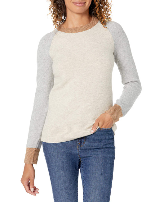 Amazon Essentials Women's Classic-Fit Soft Touch Long-Sleeve Crewneck Sweater (Available in Plus Size), Oatmeal/Grey, Color Block, X-Small