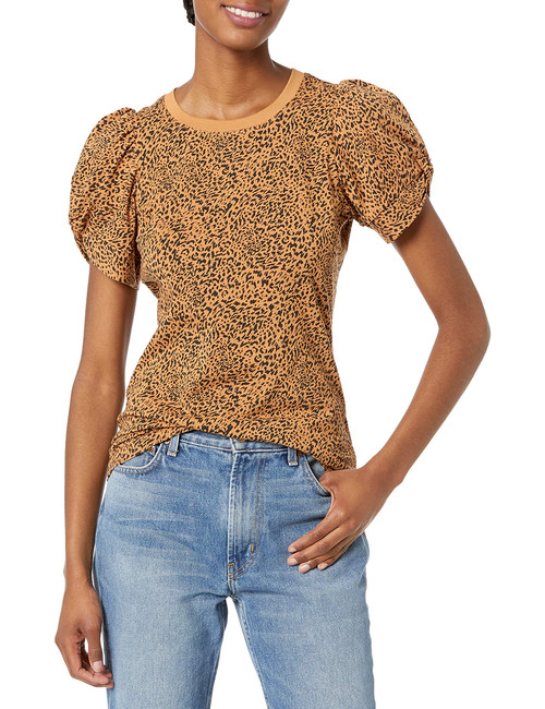 Amazon Essentials Women's Classic-Fit Twist Sleeve Crewneck T-Shirt, Camel/Black, Ikat/Animal, X-Small