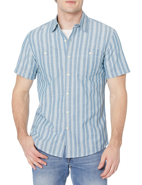 Amazon Essentials Men's Short-Sleeve Chambray Shirt, Blue Vertical Stripe, Small