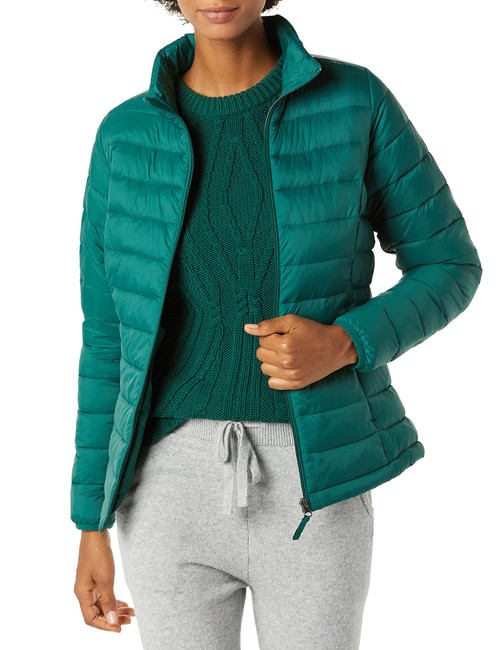 Amazon Essentials Women's Lightweight Long-Sleeve Water-Resistant Puffer Jacket (Available in Plus Size), Dark Emerald Green, Medium