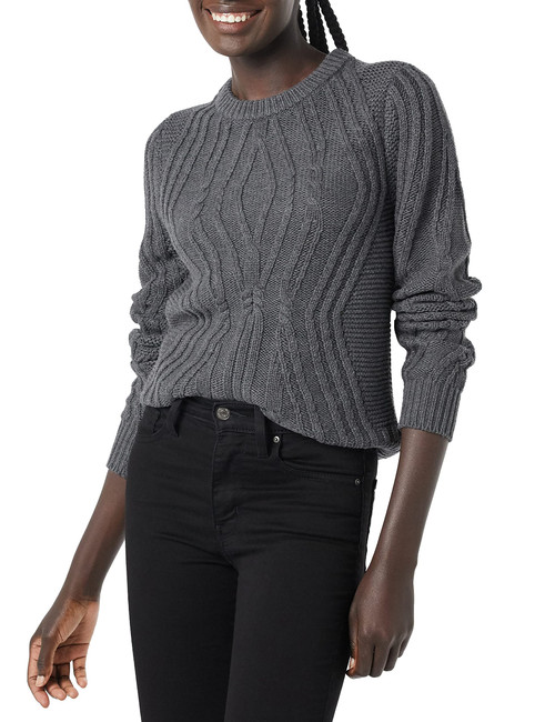 Amazon Essentials Women's 100% Cotton Crewneck Cable Sweater, Charcoal Heather, Medium