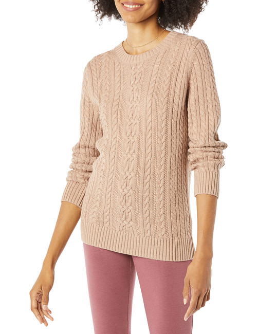 Amazon Essentials Women's Fisherman Cable Long-Sleeve Crewneck Sweater (Available in Plus Size), Taupe Heather, Medium