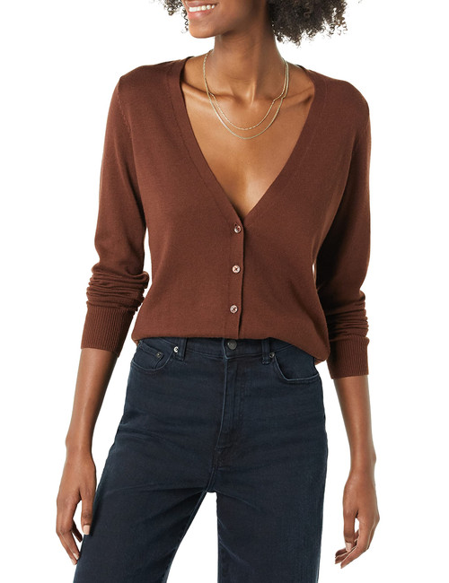 Amazon Essentials Women's Lightweight Vee Cardigan Sweater (Available in Plus Size), Brown, XX-Large