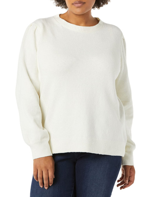 Amazon Essentials Women's Soft Touch Pleated Shoulder Crewneck Sweater, Ivory, Large