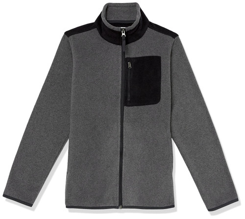 Amazon Essentials Boys' Polar Fleece Full-Zip Mock Jacket, Charcoal Heather Color Block, Medium