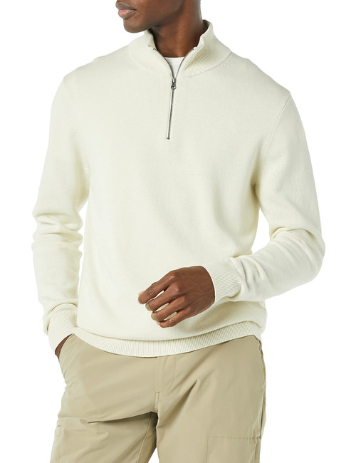 Amazon Essentials Men's 100% Cotton Quarter-Zip Sweater, Ivory, Small