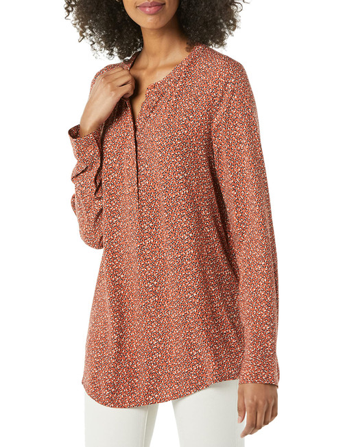 Amazon Essentials Women's Long-Sleeve Woven Blouse, Rust Leopard Print, Medium