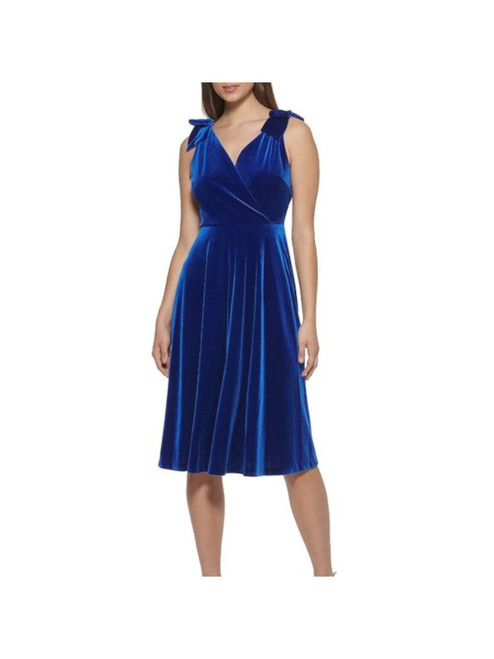 kensie Womens Blue Zippered Bows On Shoulder Sleeveless Surplice Neckline Below The Knee Party Sheath Dress 8