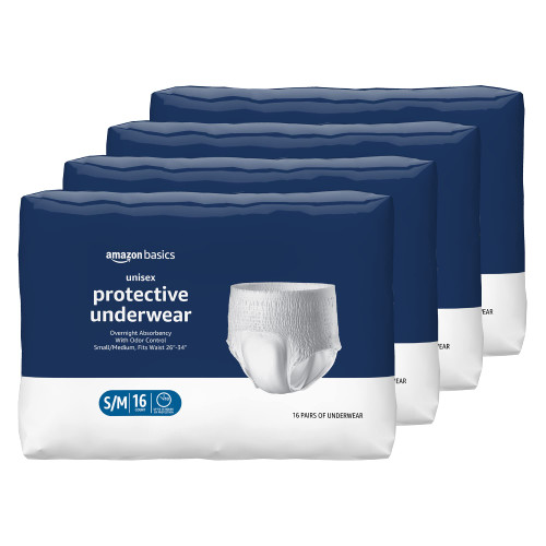 Amazon Basics Incontinence Underwear for Men and Women, Overnight Absorbency, Small/Medium, 64 Count (4 Packs of 16), White (Previously Solimo)