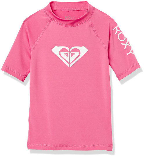 Roxy Girls' Whole Hearted Short Sleeve Rashguard Surf Shirt, Pink Guava, 3