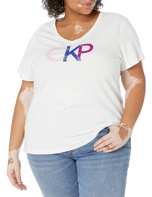Calvin Klein Performance Women's Plus Size Colorblock CKP Logo Short Sleeve V Neck Tee, White, 1X