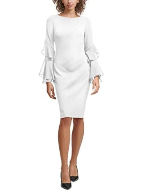 Calvin Klein Women's Round Neck Sheath with Tiered Chiffon Sleeves (10, White)