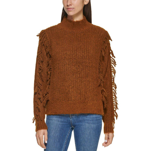 Calvin Klein Womens Fringe Knit Pullover Sweater Brown XL