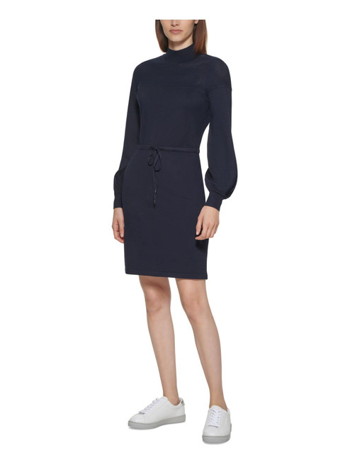 Calvin Klein Womens Navy Stretch Tie Eyelet Blouson Sleeve Turtle Neck Above The Knee Sweater Dress L