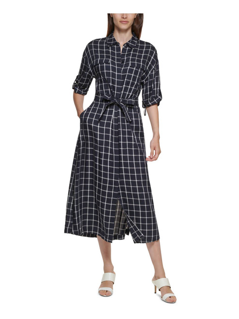 Calvin Klein Womens Navy Tie Unlined Plaid Elbow Sleeve Collared Tea-Length Wear to Work Shift Dress 4