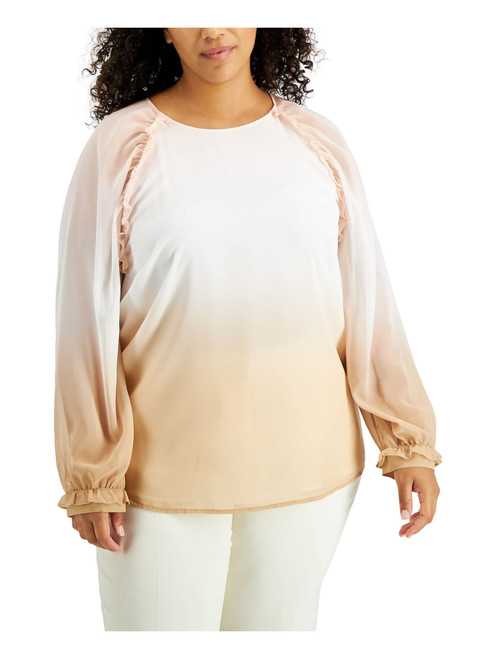 Calvin Klein Womens Pink Ruffled Keyhole Back Chiffon Lined Ombre Long Sleeve Round Neck Wear to Work Top Plus 1X