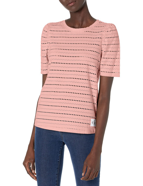 Calvin Klein Jeans Women's Short Sleeve Roll Cuff High Low Tee, Enchant, Medium