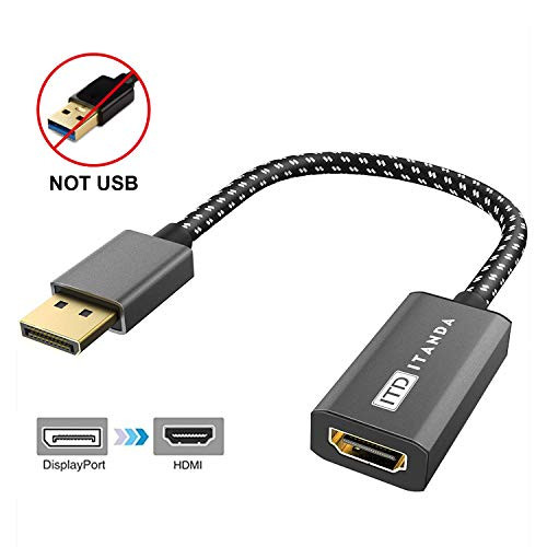 DisplayPort to HDMI Adapter, ITANDA Nylon Braided, Gold-Plated Display Port to HDMI Adapter/DP to HDMI Adapter for HP, ThinkPad, AMD, NVIDIA, Desktop and More - Male to Female, Space Grey (Grey Braid)