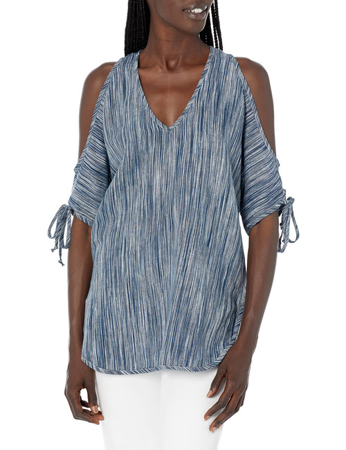 Karen Kane Women's Cold Shoulder TIE-Sleeve TOP, Blue, Medium