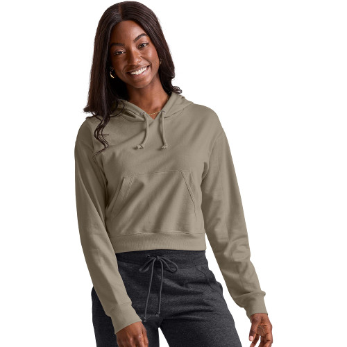 Hanes Women's Originals Pullover Cropped Hoodie, French Terry Hooded Sweatshirt, Oregano Heather, Medium