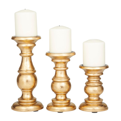 Deco 79 Traditional Mango Wood Pillar Candle Holder, Set of 3 10", 8", 6"H, Gold