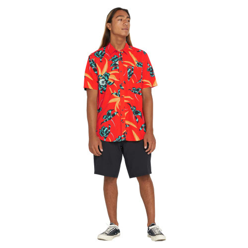 Volcom Men's Regular Marble Floral Short Sleeve Button Down Hawaiian Shirt, Red Orange, Medium