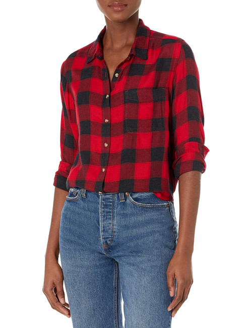 Lucky Brand womens Cloud Plaid Boyfriend Button Up Shirt, Red Plaid, Medium US