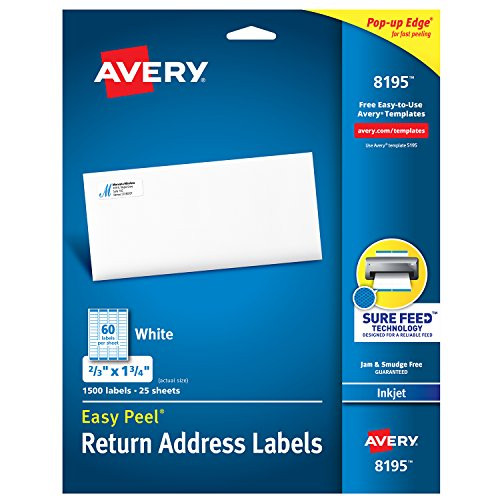 Avery Return Address Labels with Sure Feed for Inkjet Printers, 2/3" x 1-3/4", 1,500 Labels, Permanent Adhesive (8195)