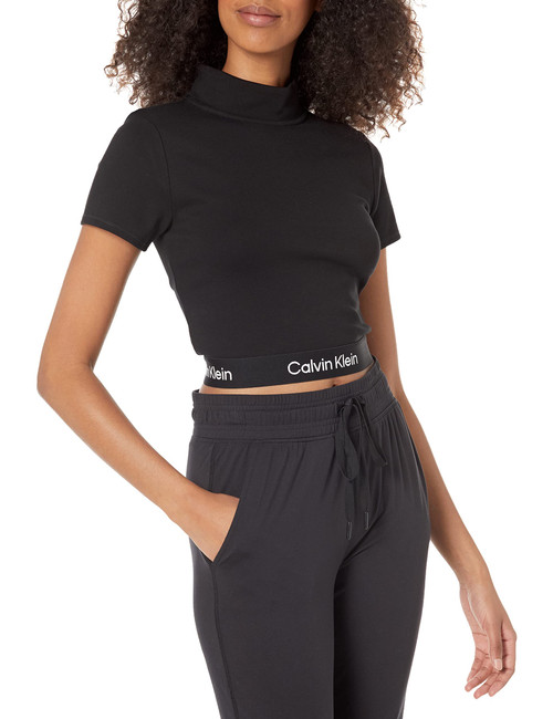 Calvin Klein Performance Women's Mock Neck Ponte Short Sleeve Fitted Crop Top, Black, Medium