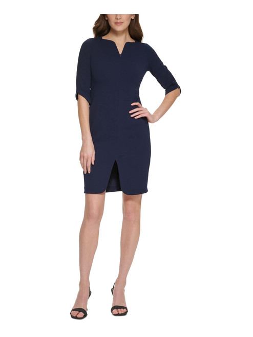 Calvin Klein Womens Petites Zippered Elbow Sleeves Sheath Dress Navy 2P