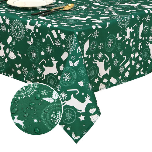 HOMERRY Christmas Tablecloths Winter Decorative Fabric Table Cover for Rectangle Table Xmas Snowflake Table Cloth Holiday Waterproof Tablecloth for Dining Table Party Kitchen, Green, 52 x 70 Inch
