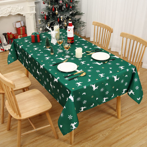 HOMERRY Christmas Tablecloth for Rectangle Tables Xmas Winter Snowflake Table Cover Waterproof Holiday Table Cloth Fabric Decorative Table Cloth for Gift Party Dining Banquet, Green, 60 x 120 Inch
