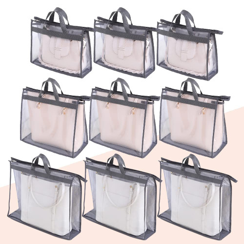 Entcook 9pcs Dust Bags for Purses and Handbags Purse Organizer for Closet Handbag Storage Organizer with Zipper and Handles Clear Purse Protector Storage Bag Dust Cover for Bags 3 Sizes