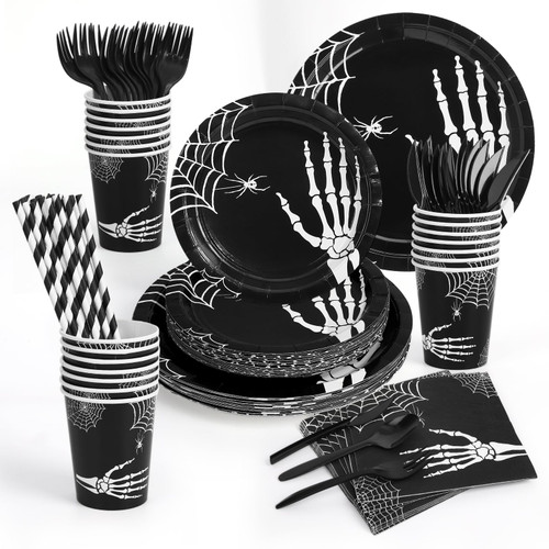 Cibeat 200Pcs Halloween Disposable Dinnerware Set, Halloween Skull Hand Bone Decorations Paper Plates, Halloween Party Supplies Includes Plates, Cups, Napkins, Halloween Tableware, Serve 25