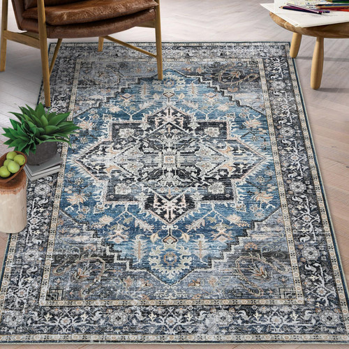 Zacoo Vintage 4x6 Rug, Washable Kitchen Area Rug Foldable Thin Rug Medallion Entryway Rug Distressed Floral Print Throw Rug Indoor Accent Floor Carpet for Bedroom Living Room, Blue Grey