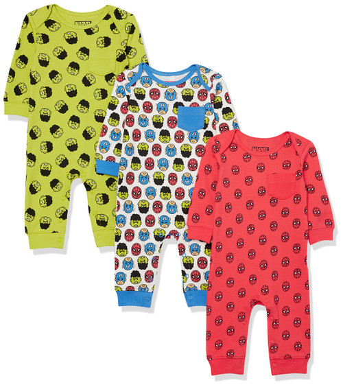 Amazon Essentials Disney | Marvel | Star Wars Baby Boys' Cotton Coveralls, Pack of 3, Marvel Friends, 9 Months