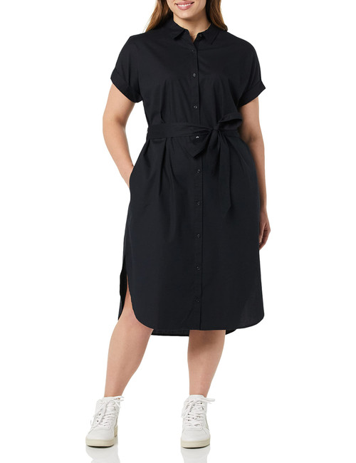 Amazon Essentials Women's Relaxed Fit Short Sleeve Button Front Belted Shirt Dress, Black, Large