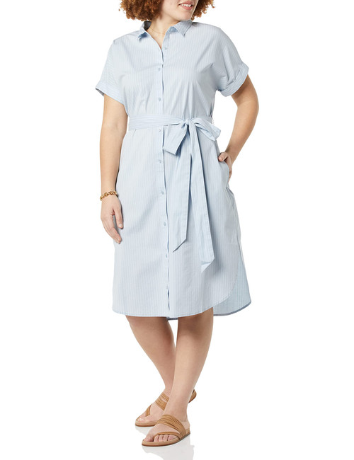 Amazon Essentials Women's Relaxed Fit Short Sleeve Button Front Belted Shirt Dress, White/Blue, Stripe, Medium