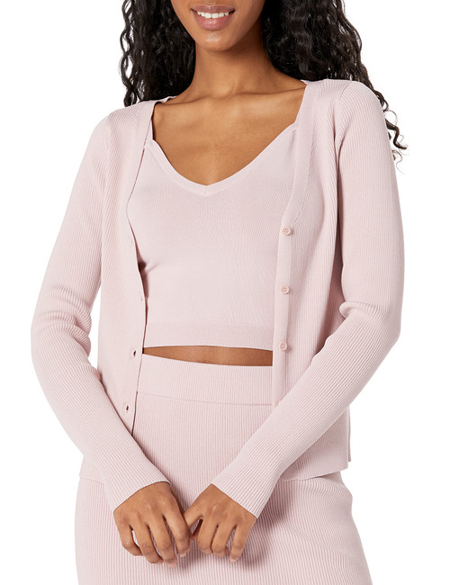 The Drop Women's Anya Fitted Rib Cardigan Sweater, Ice Pink, L