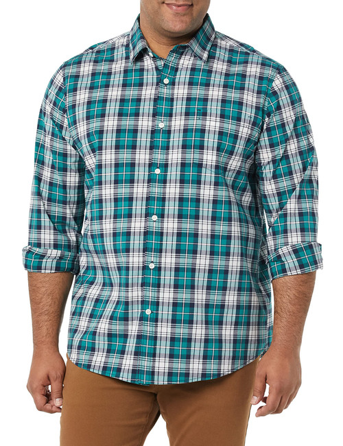 Amazon Essentials Men's Long-Sleeve Regular-Fit Stretch Poplin Shirt, Teal Blue/White, Plaid, Large