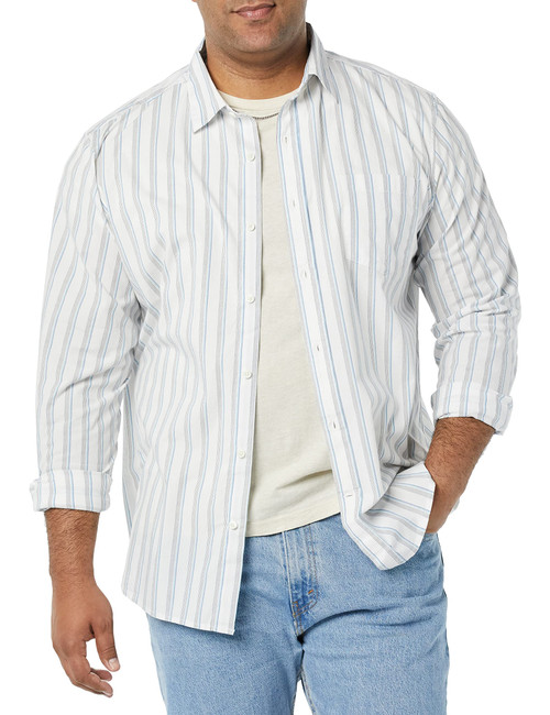 Amazon Essentials Men's Long-Sleeve Regular-Fit Stretch Poplin Shirt, White/Blue/Grey, Stripe, X-Large