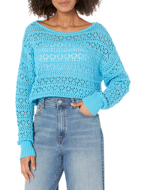 The Drop Women's Daba Crochet Long Sleeve Slouchy Pullover, Ocean Blue, XS