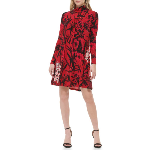 Tommy Hilfiger Women's Floral Jersey Long Sleeve Dress, Scarlet/Wine