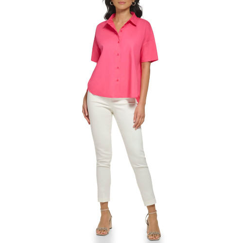 Calvin Klein Women's Poplin Hi Lo Short Sleeve Button Down Blouse, Rosebud