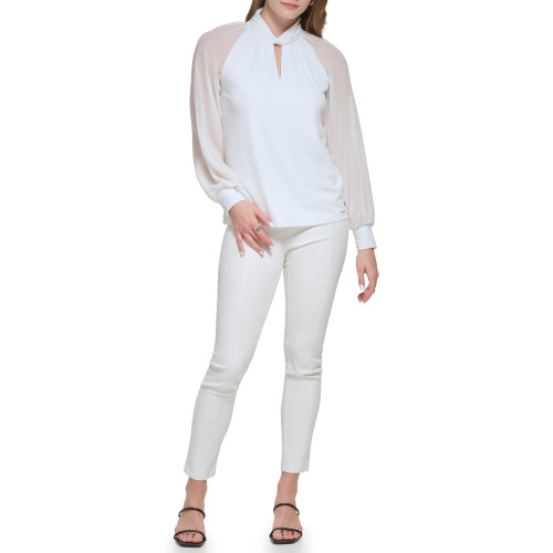 Calvin Klein Women's Breathable Chiffon Long Sleeve Twist Neck Blouse, Soft White